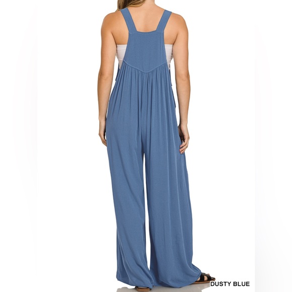 Woven Rayon Crepe Overall Jumpsuit in Dusty Blue - Picture 2 of 6